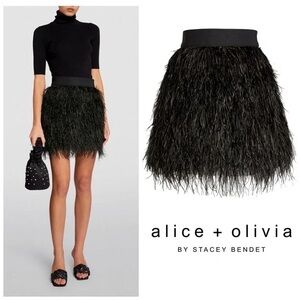 Alice + Olivia Cina Ostrich Feather Skirt, black, size 4